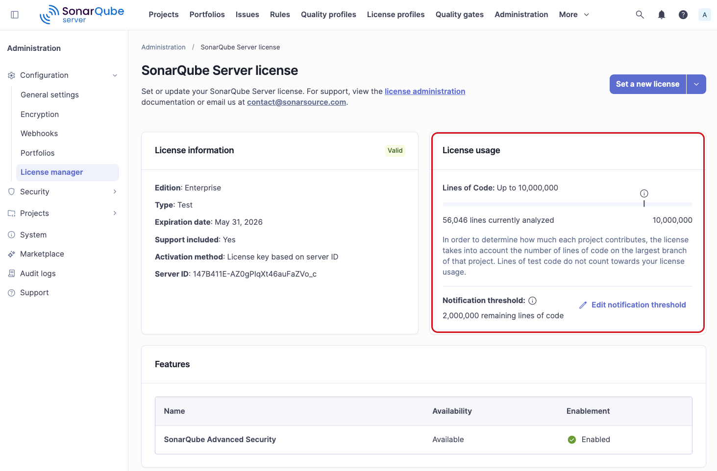 Lines of code displayed on the SonarQube license page