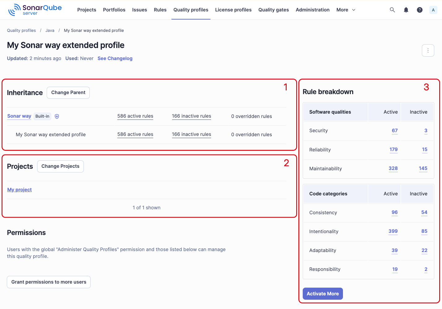 Once a quality profile is selected for viewing, SonarQube presents the profile's inheritance status along with a Rule breakdown and list of Projects that use this profile.