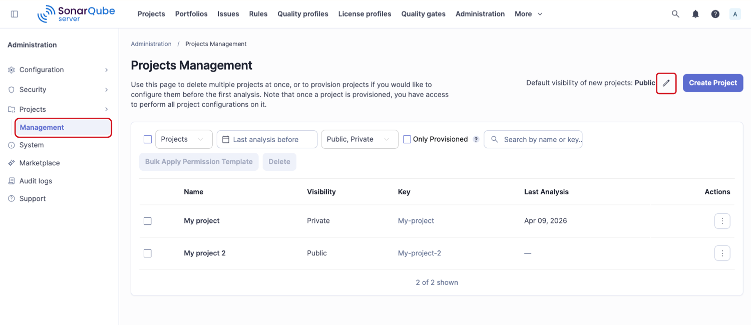 Changing the default visibility of a project