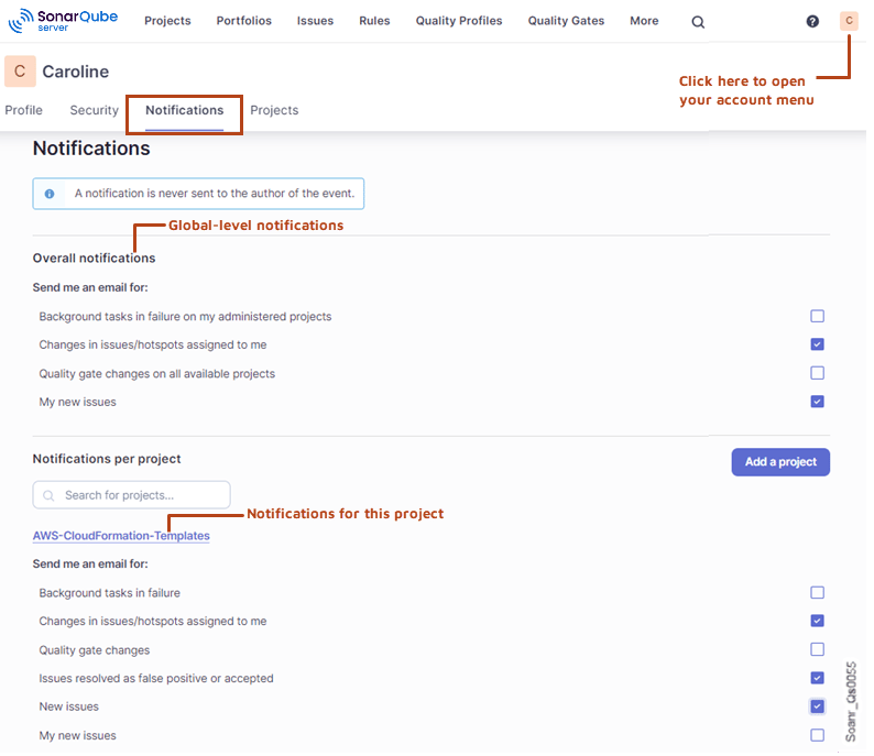 Subscribing to notifications in SonarQube.
