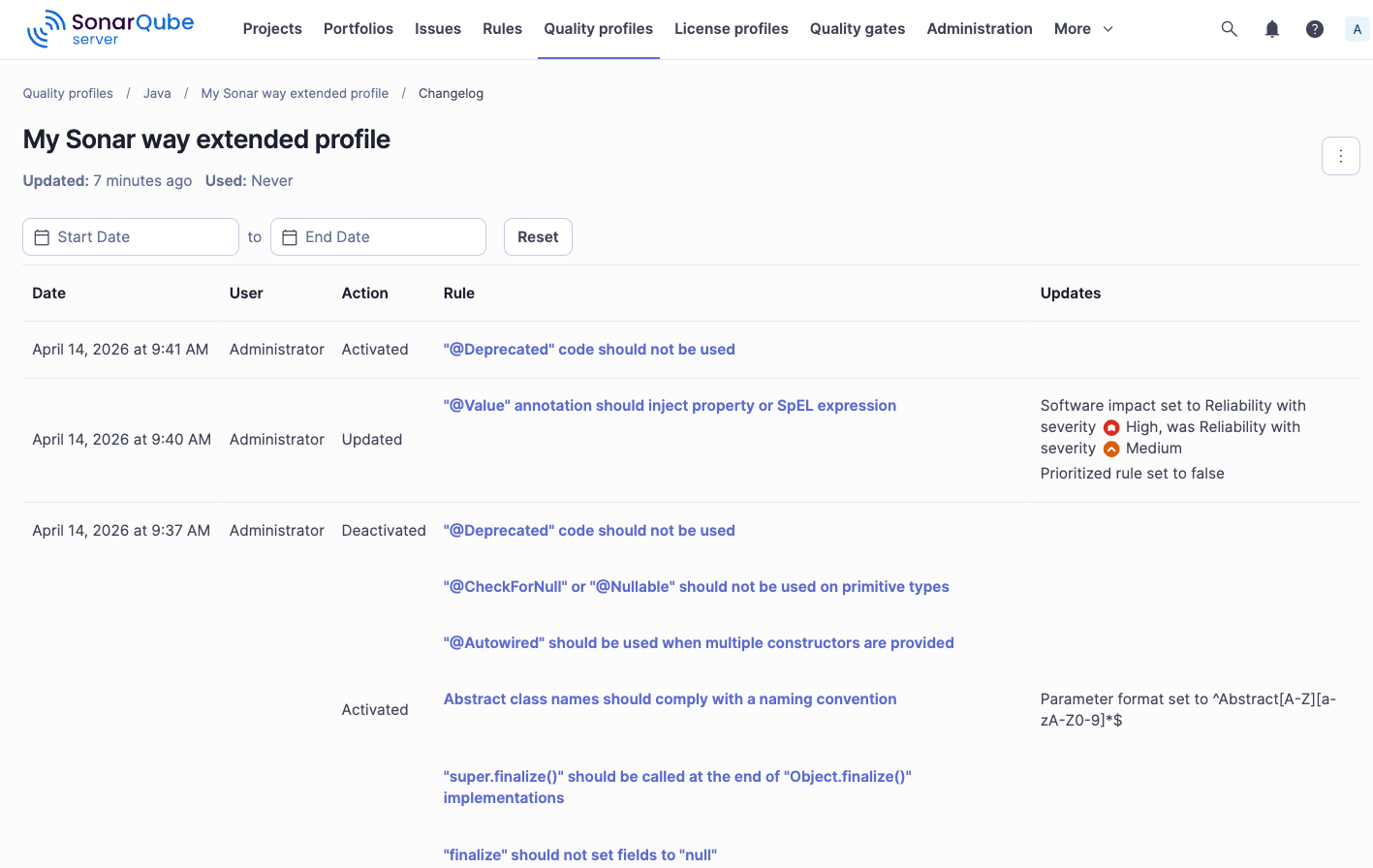 Change log page of the quality profile