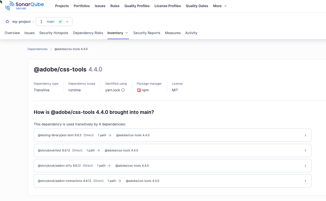 The detailed view of a dependency.