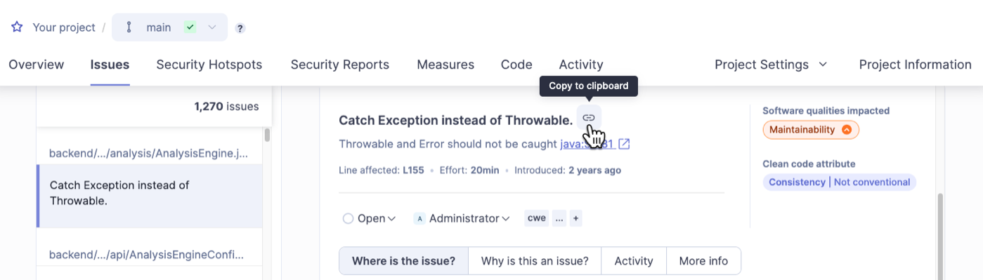 You will find the Issue copy link on the issue’s details page in SonarQube.