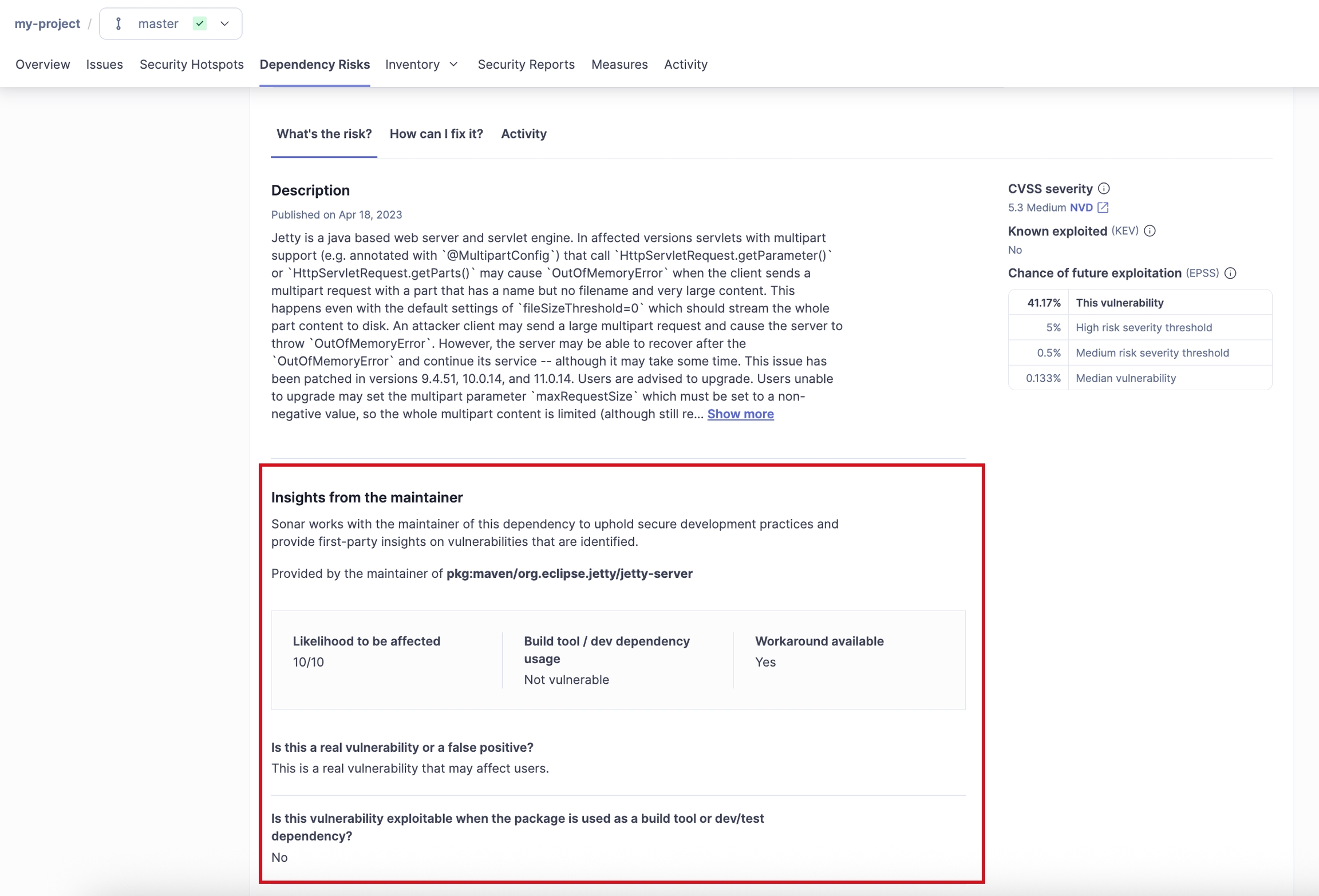 The insights from the maintainer section of the dependency risk detailed view.