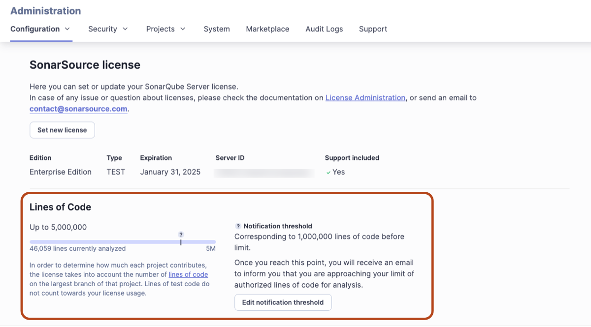 Lines of code displayed on the SonarQube license page
