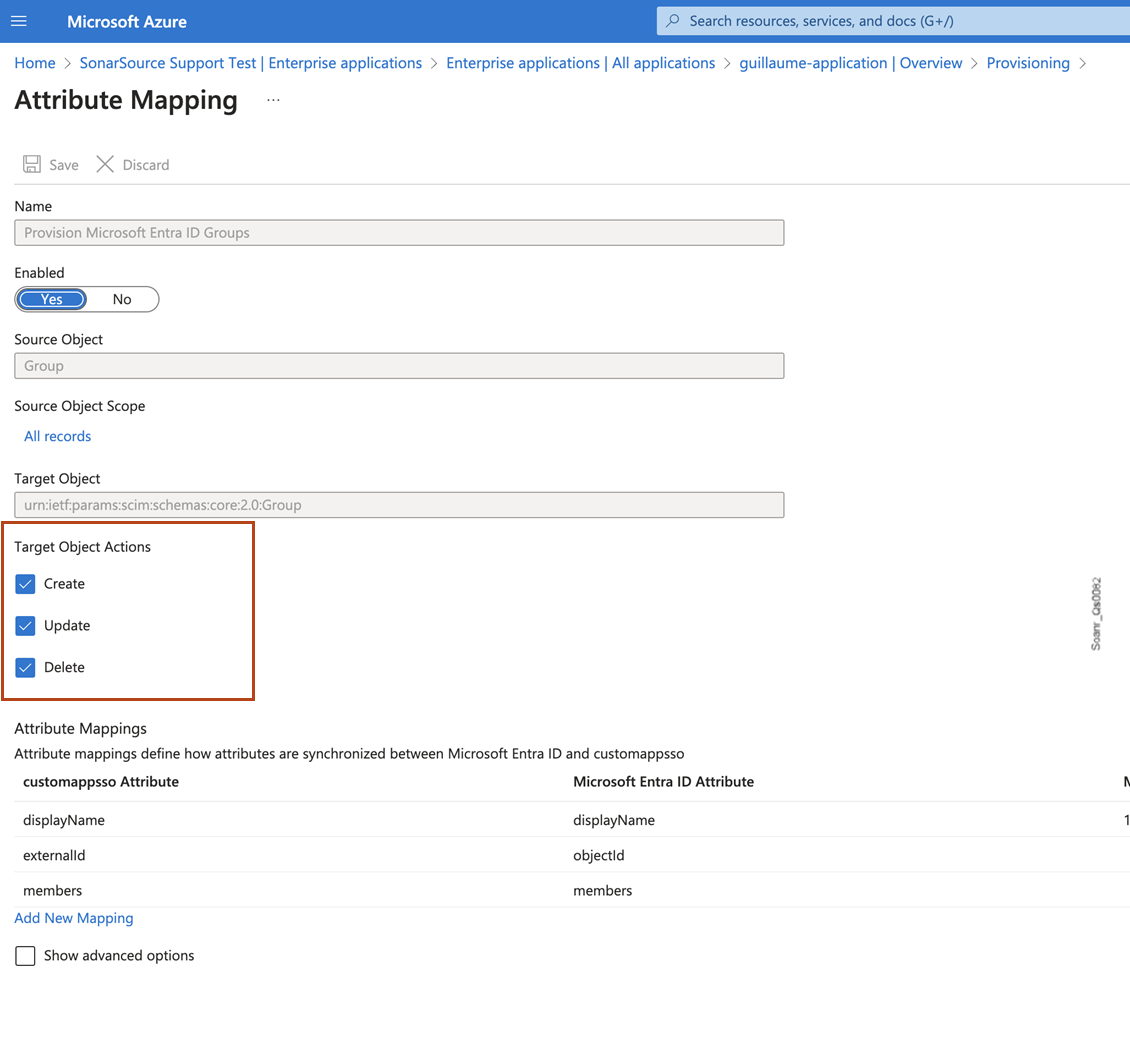 In the Attribute mapping page of MS Entra ID, select the target object actions to confiugre SCIM