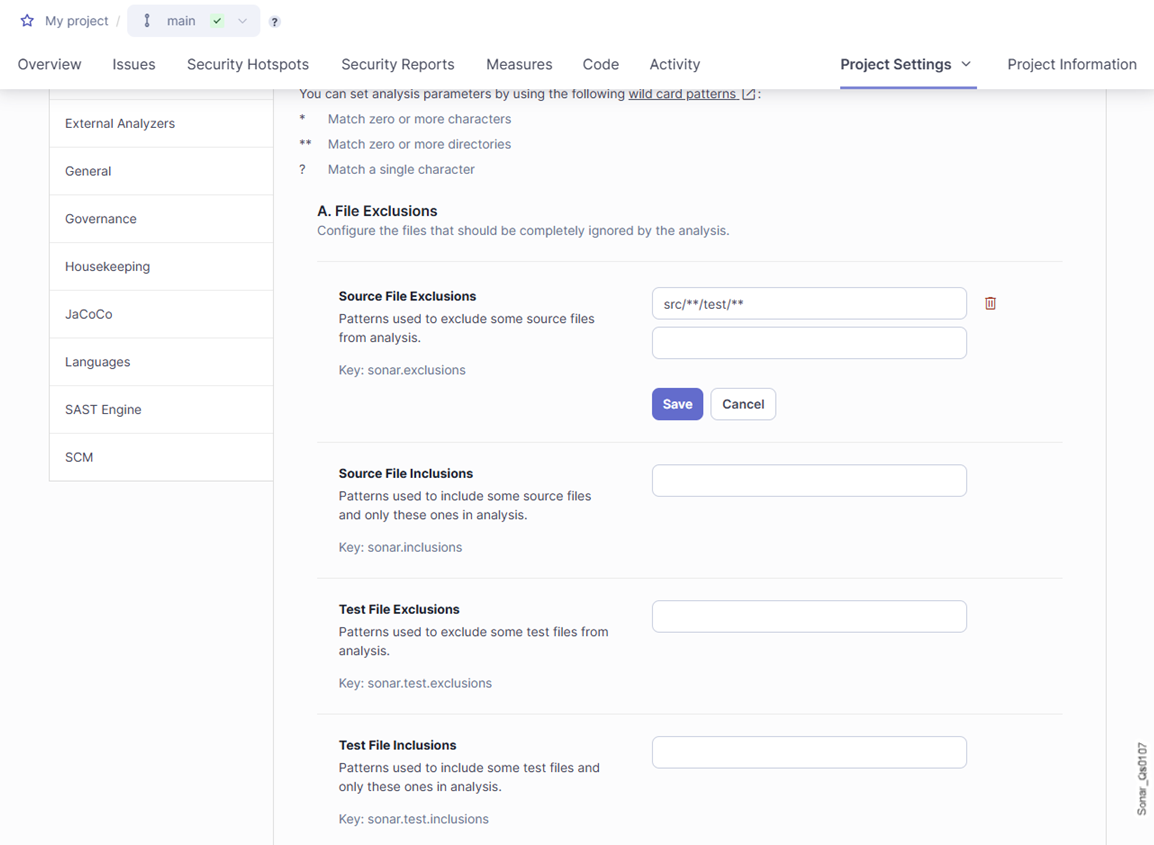 Defining a file exclusion parameter in SonarQube user interface.