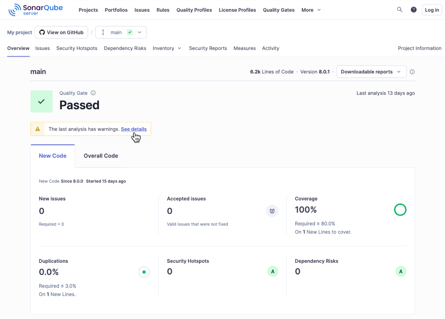 Analysis warnings on the project overview page