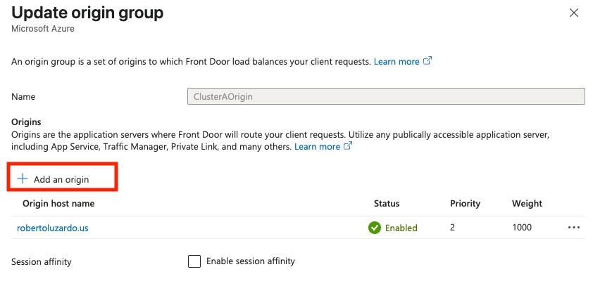 Select Add an origin to create the Replica origin