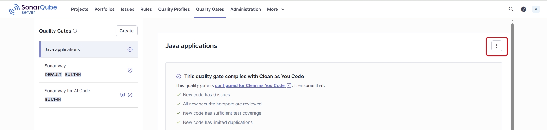 Select the three-dots menu to copy an existing SonarQube Server quality gate that you want to customize.