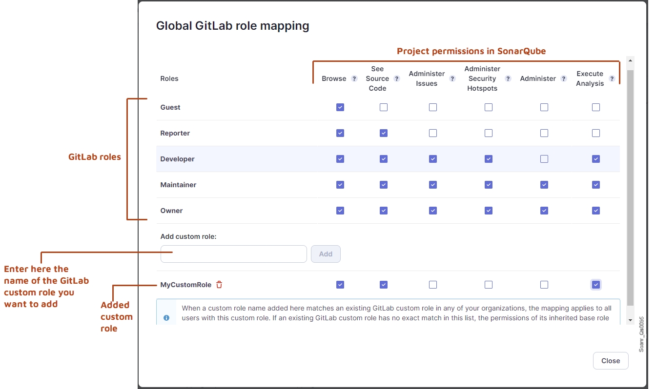 To add a GitLab custom role to the mapping table, enter the name and select Add