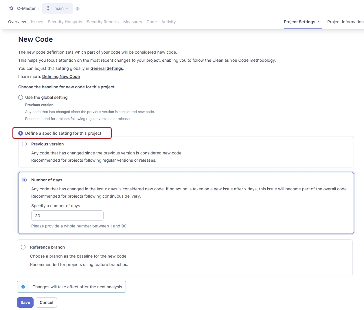 Defining a specific setting for the project's new code definition