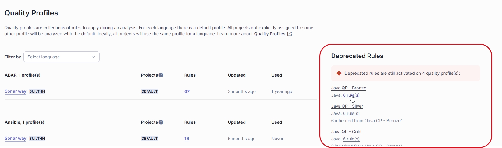 When maintaining your quality profile, also pay attention to the Deprecated Rules section on the Quality Profiles page.