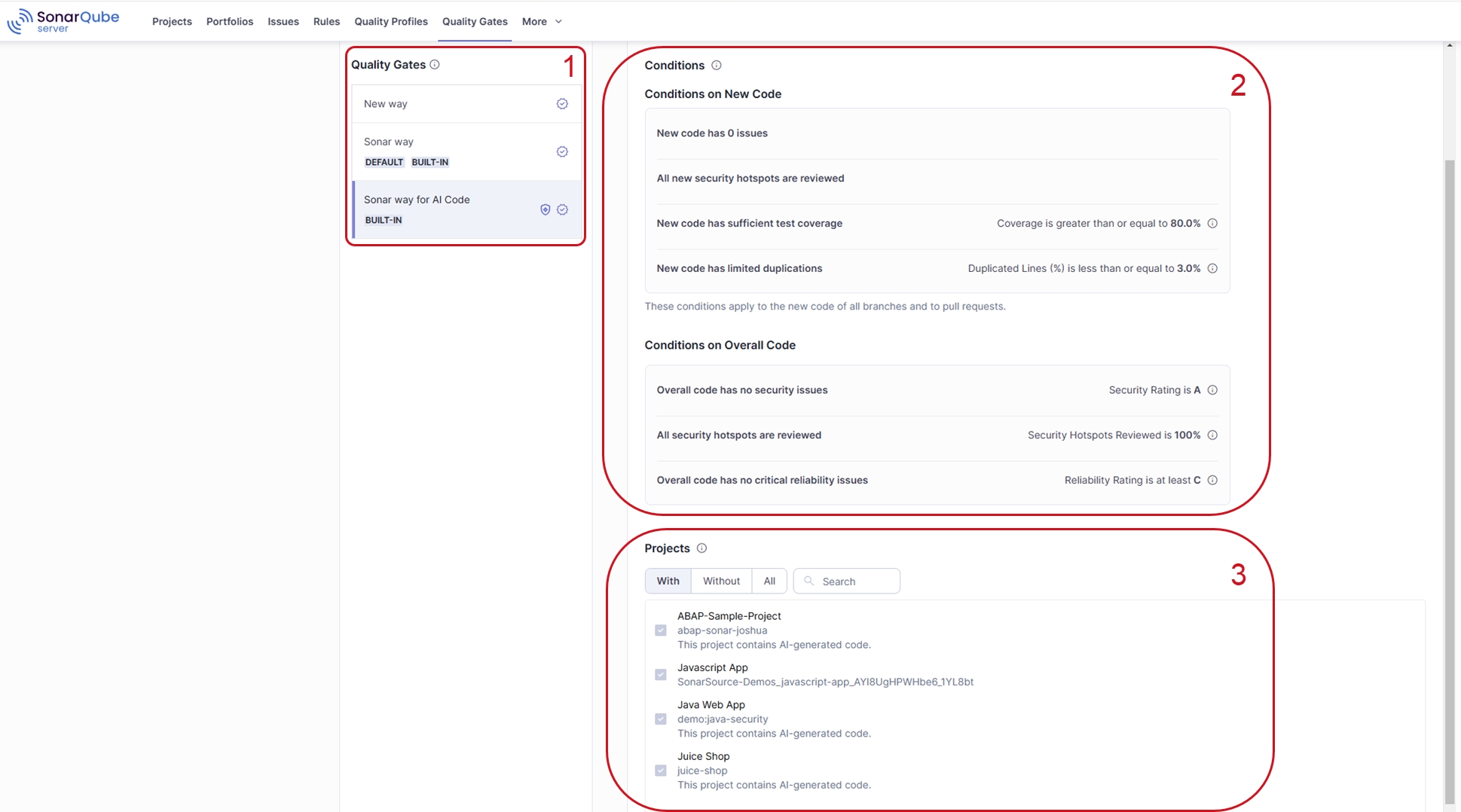 Select a quality gate, define its conditions on new and overall code, then assign to projects.