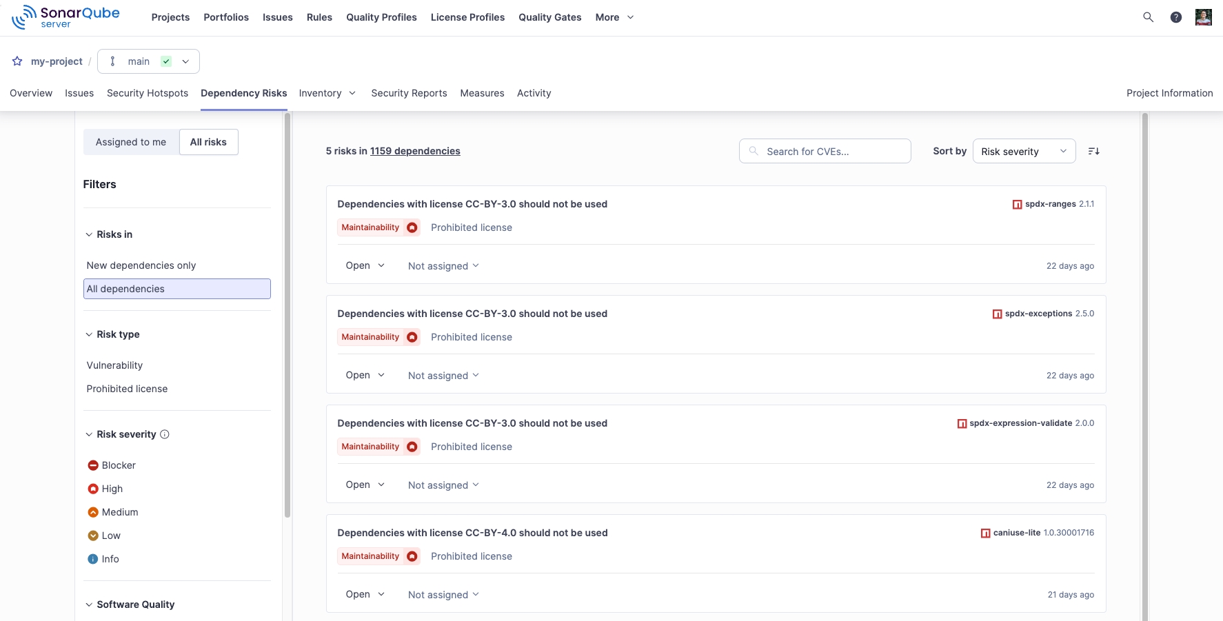 The list of dependency risks for a project in SonarQube.