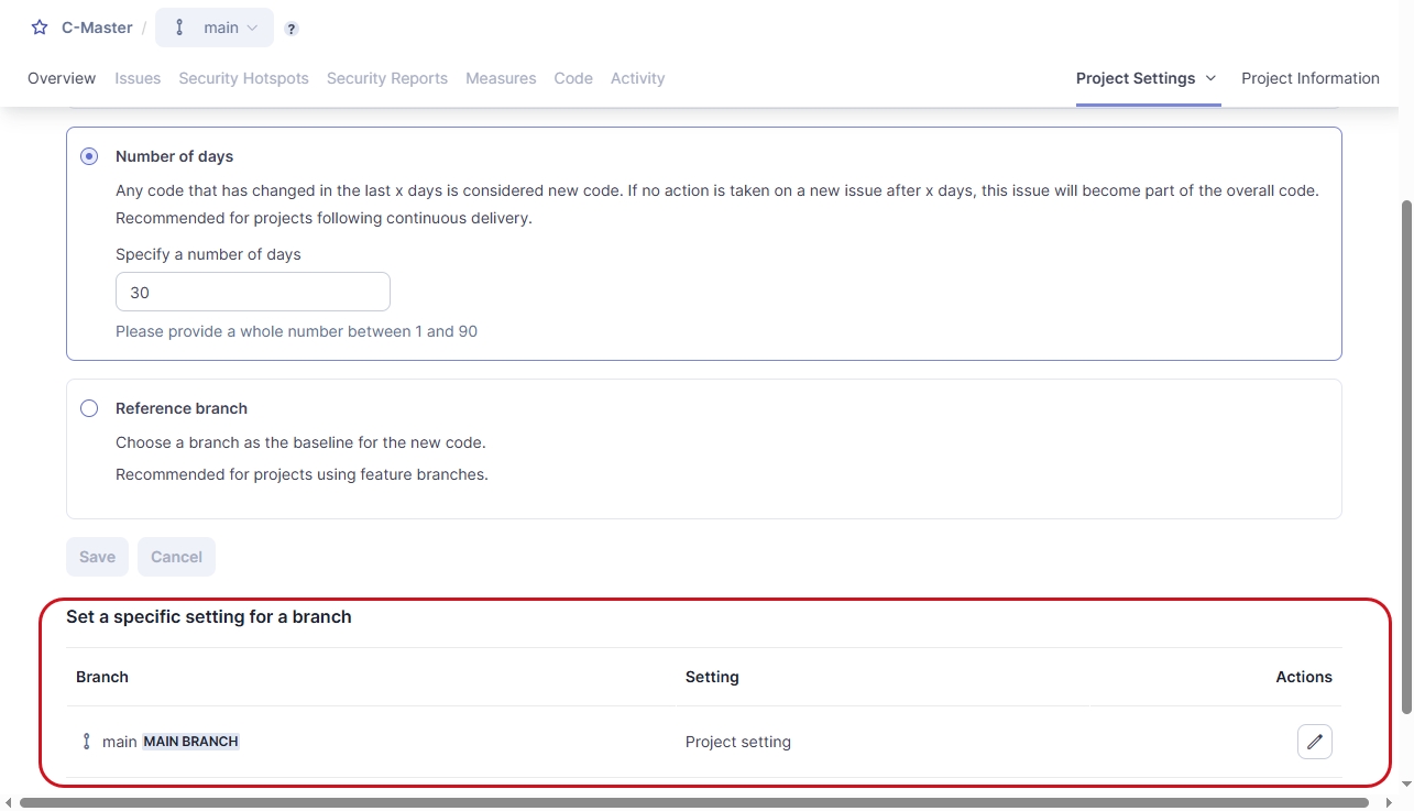 Changing new code definition for a specific branch