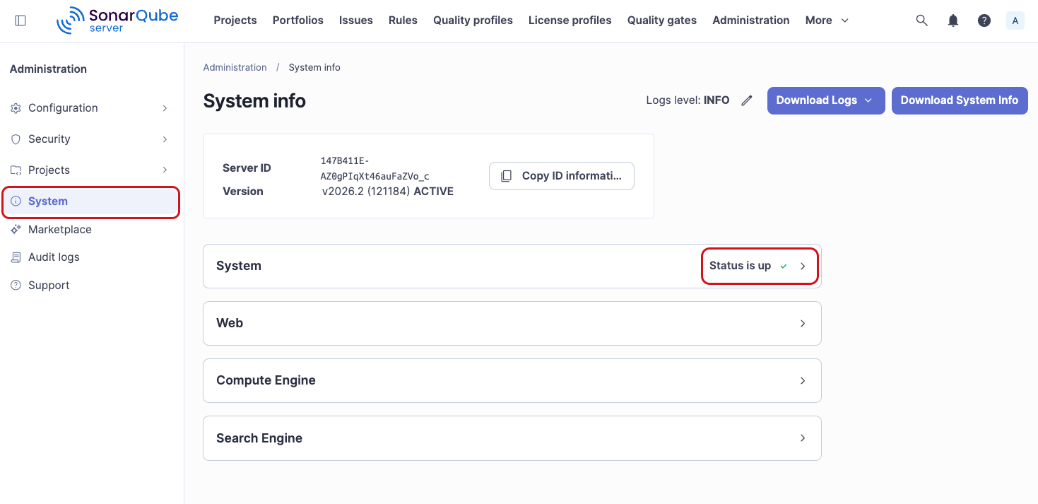 Checking the system status of your SonarQube Server