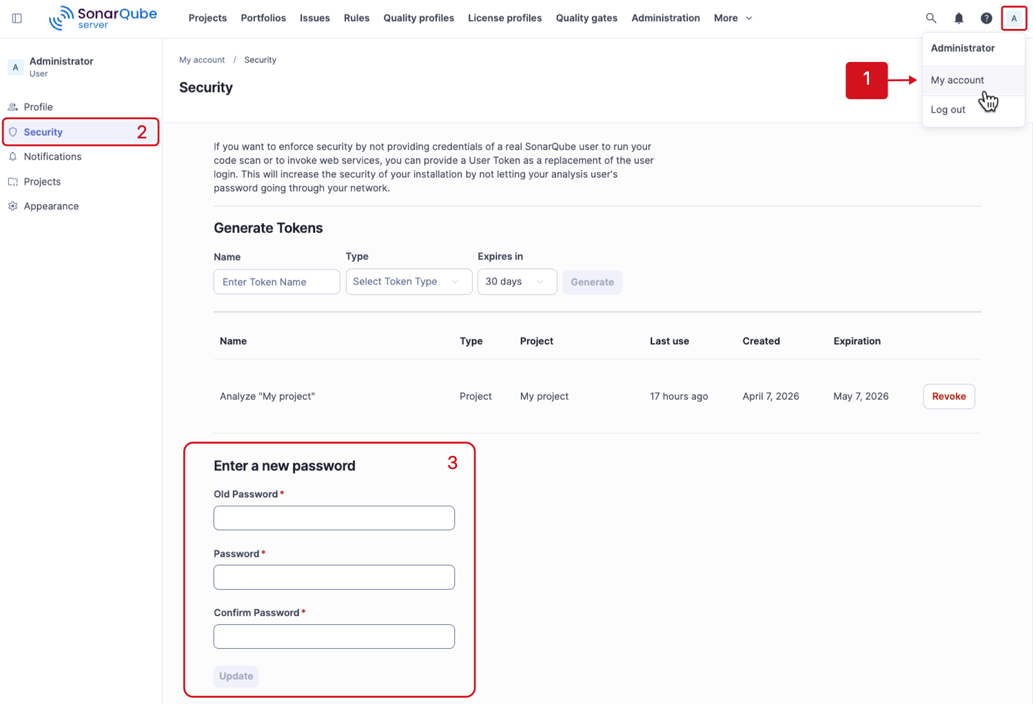 Updating a password in the account menu