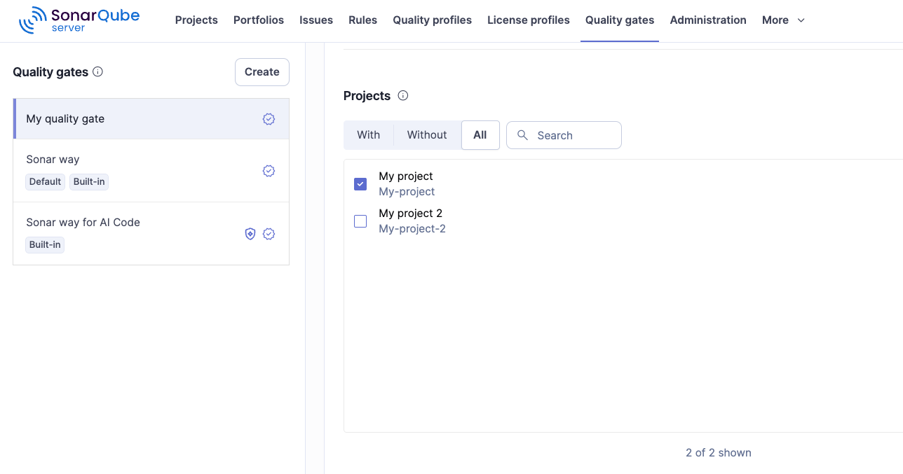 Navigate to your quality gate in SonarQube Server to see (and manage) a list of projects that use that quality gate.