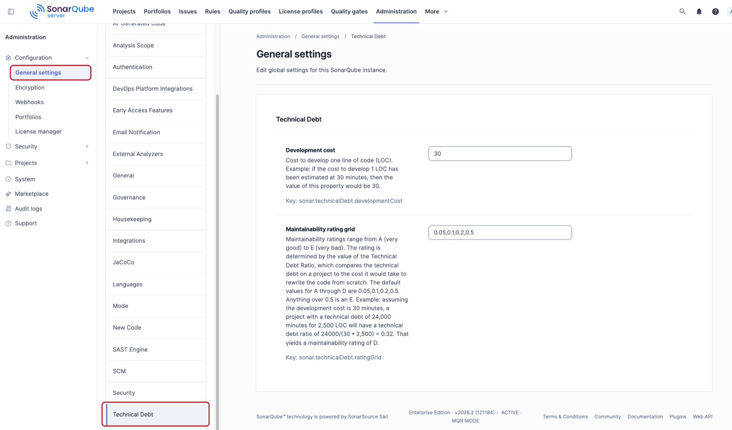 Technical debt settings