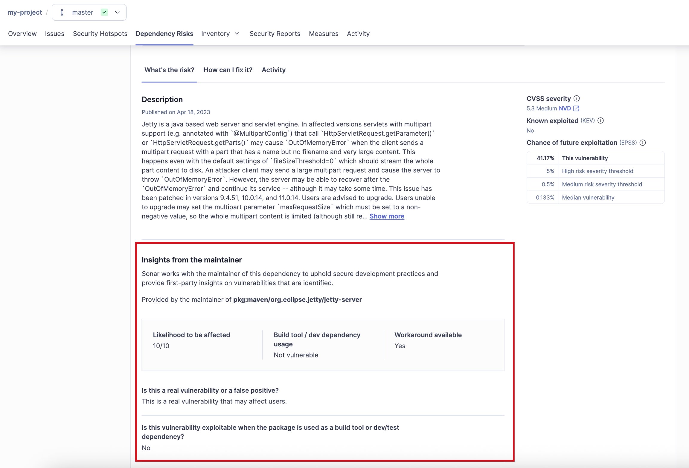 The insights from the maintainer section of the dependency risk detailed view.