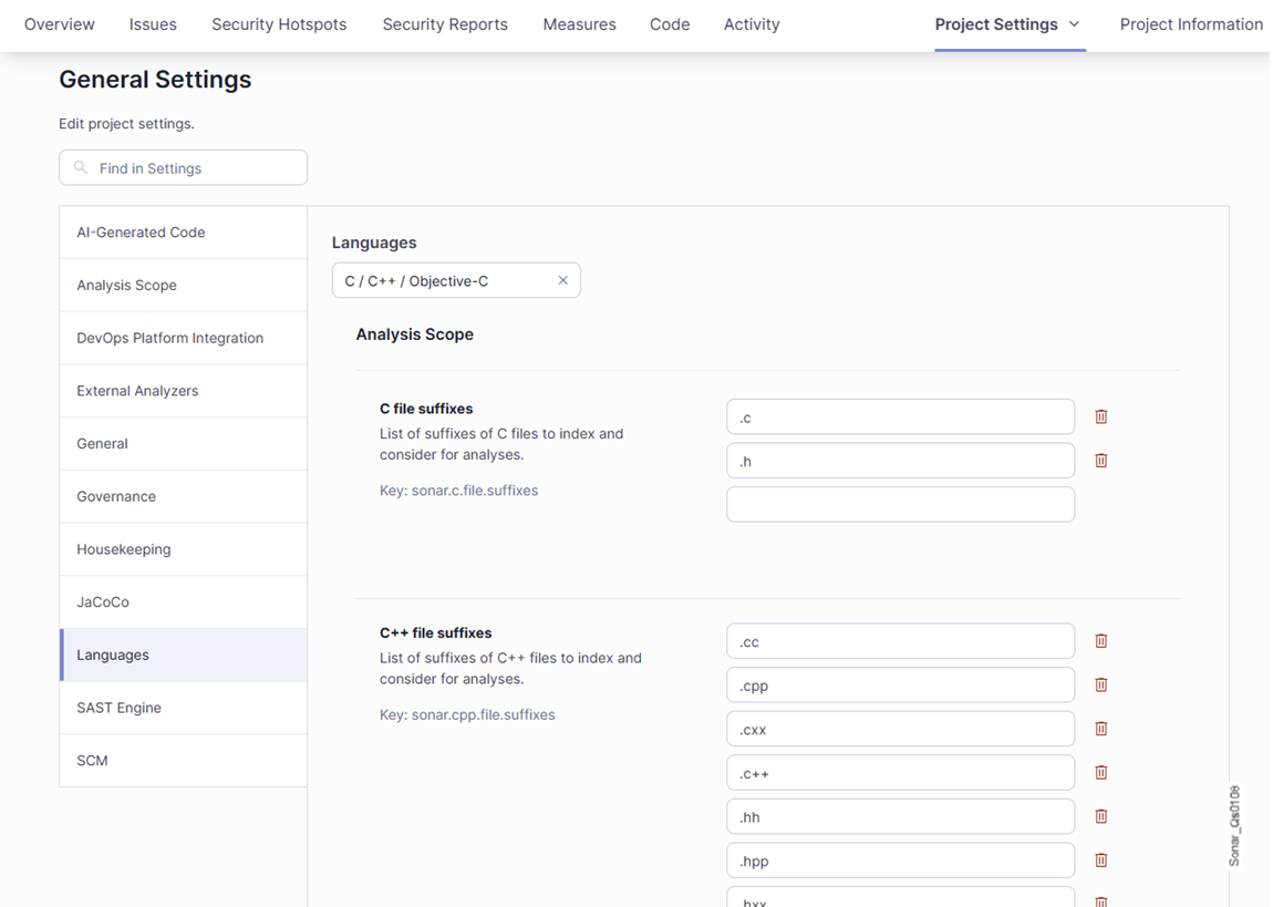 Defining file suffixes in SonarQube user interface.