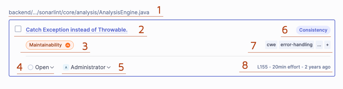 Information on the issue’s card helps you understand why it's an issue and how it impacts your project in SonarQube.