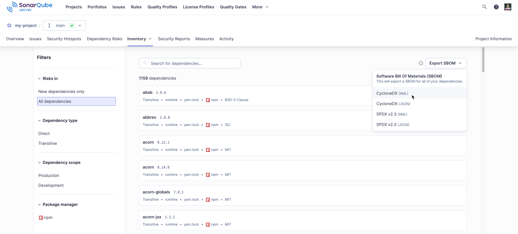 The Export SBOM button on the SonarQube Server UI.
