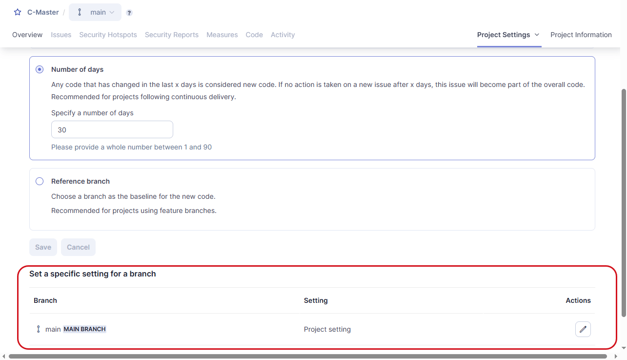 Changing new code definition for a specific branch