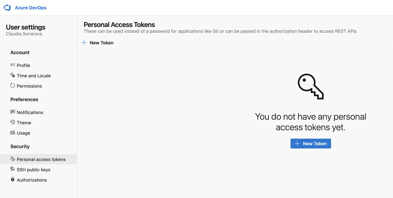 The Personal access tokens page found in Azure DevOps.