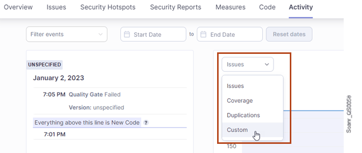 Selecting another metric category in SonarQube.