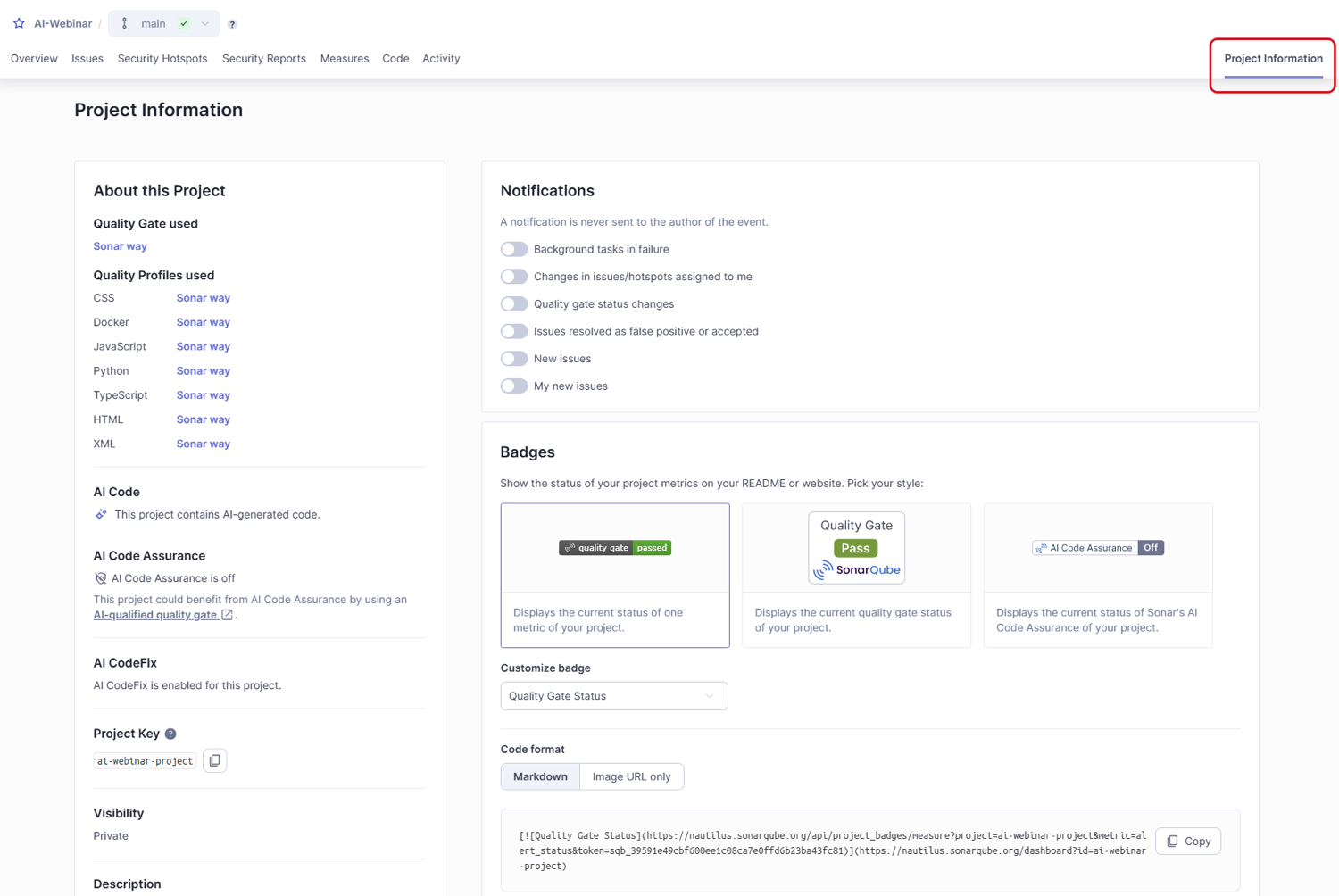 Details of project settings on your SonarQube project information page.