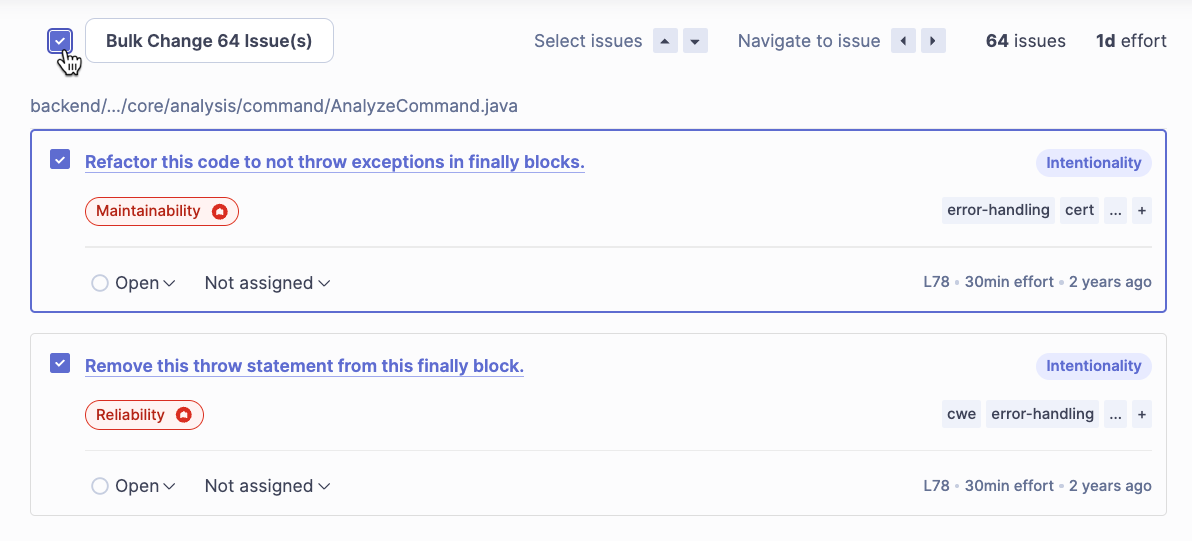 Applying a bulk change to several issues in SonarQube.
