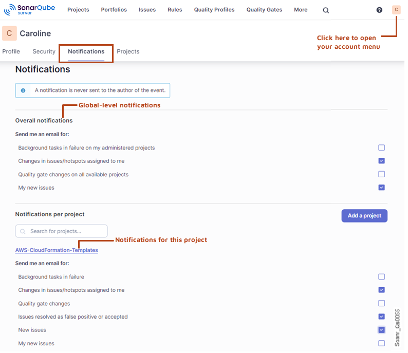 Subscribing to notifications in SonarQube.