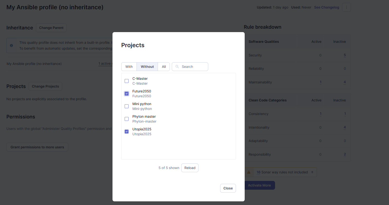 To change the list of projects associated with your SonarQube quality profile, select Change Projects. Then use the With, Without, and All filters to select projects individually.