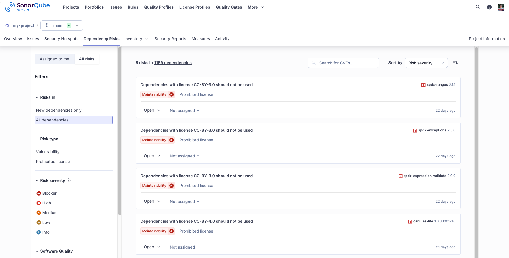 The list of dependency risks for a project in SonarQube.