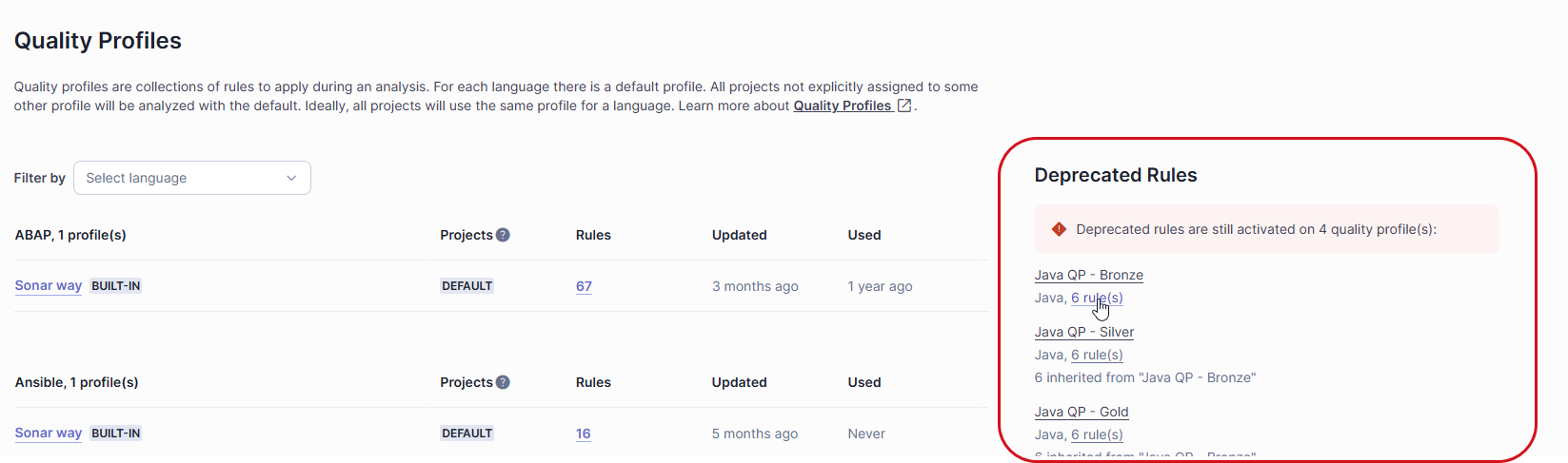When maintaining your quality profile, also pay attention to the Deprecated Rules section on the Quality Profiles page.