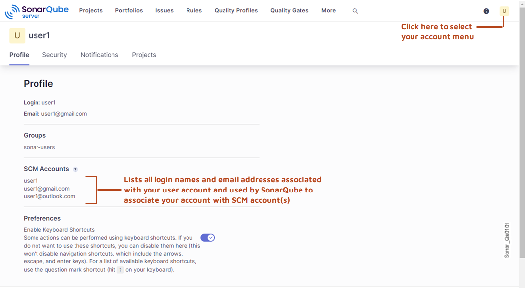 Accessing your SonarQube user profile.