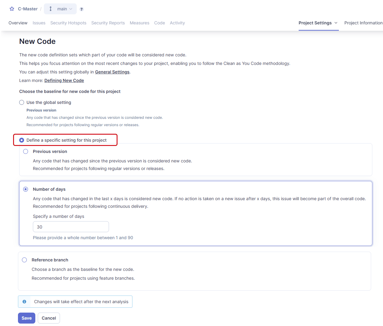 Defining a specific setting for the project's new code definition