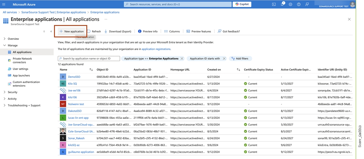 Select New application to create your own application