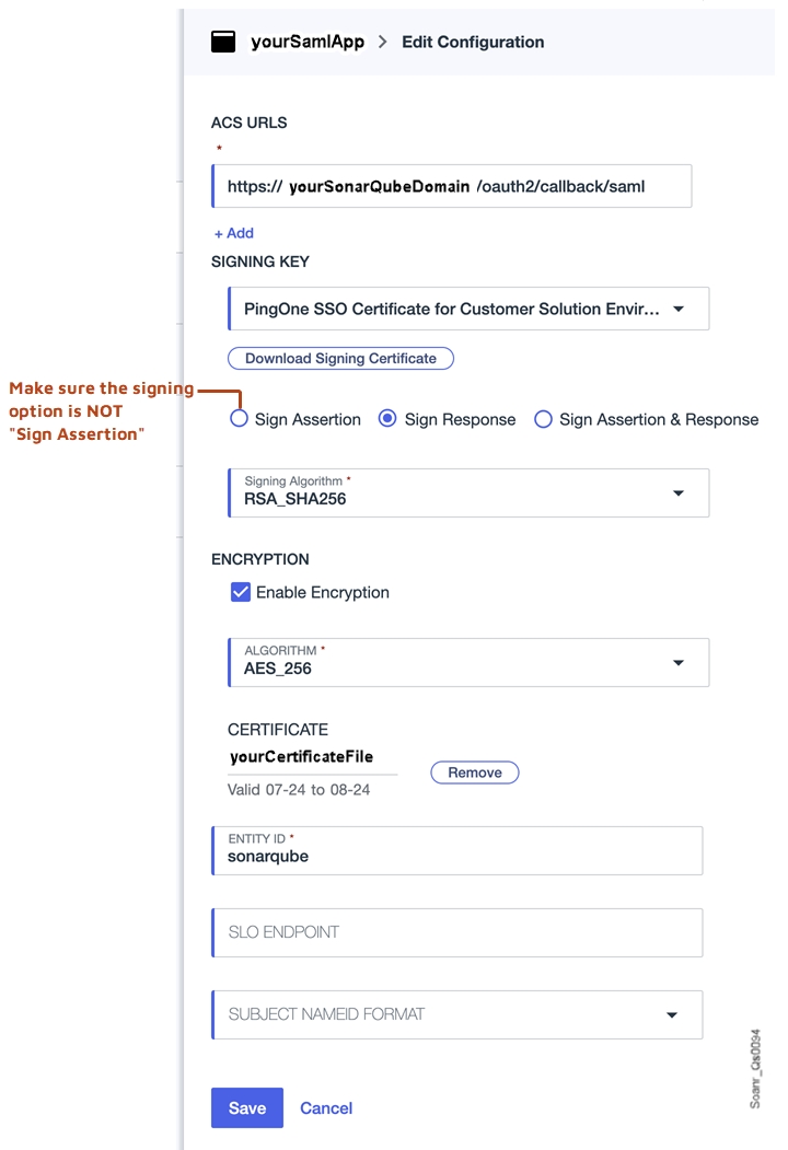 Make sure the signing option is not Sign Assertion