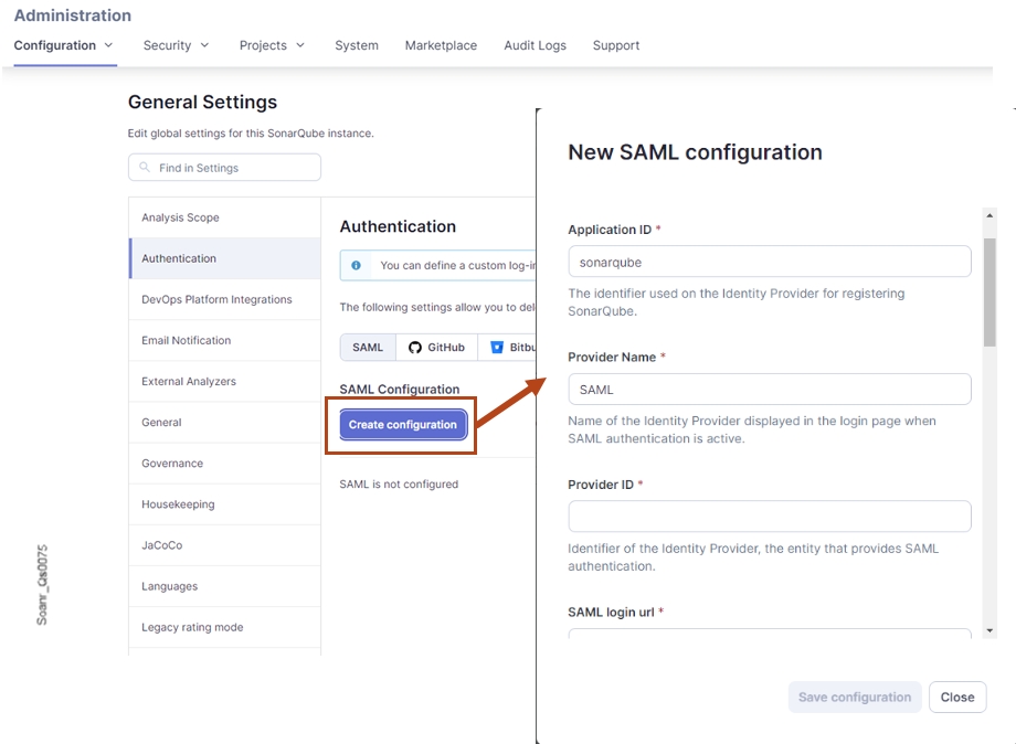 Select the Create Configuration button to create a new SonarQube configuration for SAML
