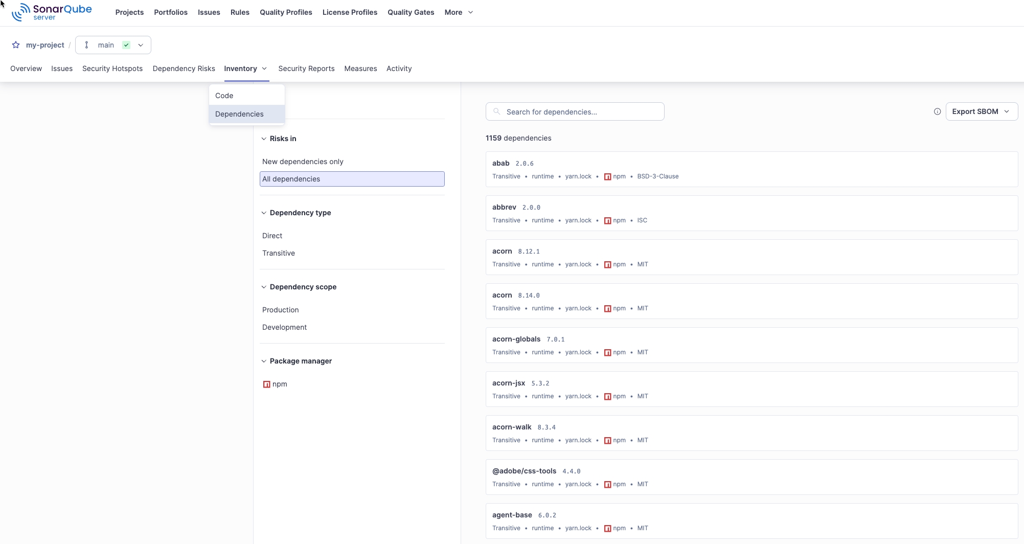 View of the Dependencies tab in SonarQube.