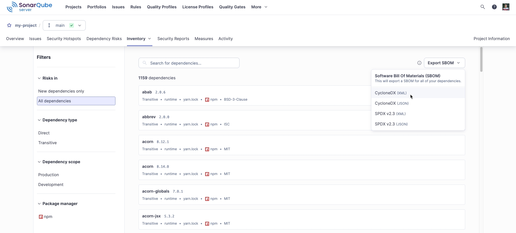 The Export SBOM button on the SonarQube Server UI.