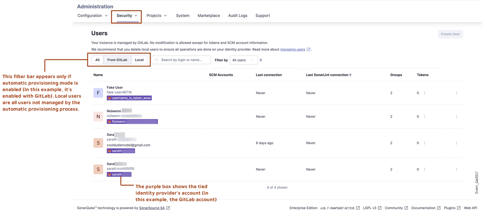 Use the filter bar to filter the list of users.